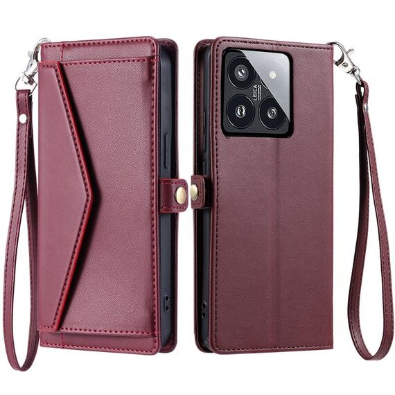 Per Xiaomi 14 Pro Portafoglio Multi-Slot per Carta Custodia in Pelle per Telefono con Lanyard (Rosso Vino)