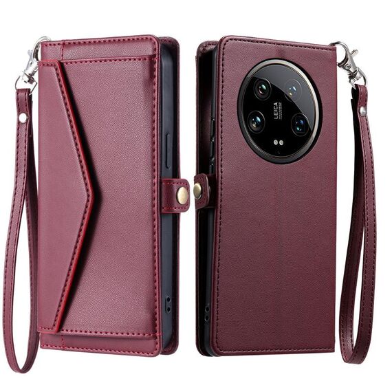 Per Xiaomi 14 Ultra 5G Portafoglio Multi-Slot per Scheda Custodia in Pelle per Telefono con Lanyard (Rosso Vino)