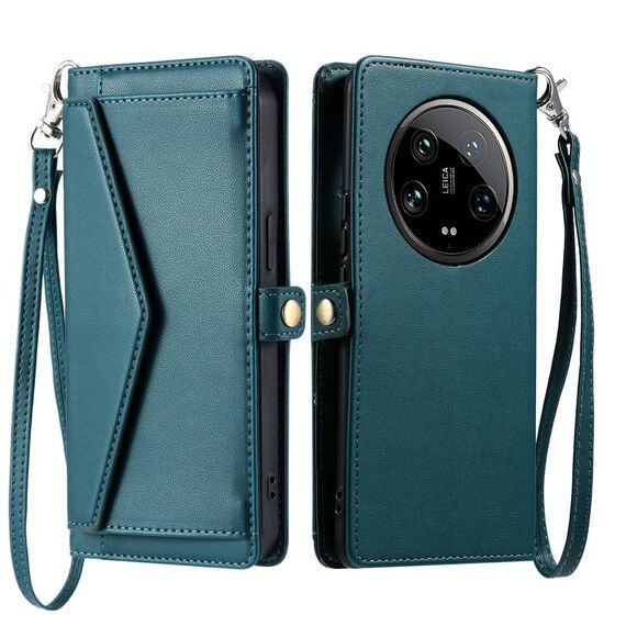 Per Xiaomi 14 Ultra 5G Portafoglio Multi-Slot per Scheda Custodia in Pelle per Telefono con Laccetto (Verde)