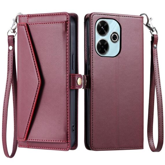 Per Redmi 13 4G Portafoglio Multi-Slot per Scheda Custodia in Pelle per Telefono con Lanyard (Rosso Vino)