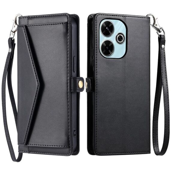 Per Redmi 13 4G Portafoglio Multi-Slot per Scheda Custodia in Pelle per Telefono con Laccetto (Nero)