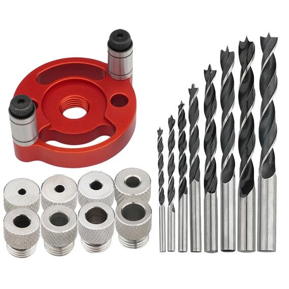 Localizzatore di punte per lavorazione del legno, attrezzo di centraggio per tassellatura, localizzatore di punte per perforazione, modello: con punta da trapano da 3-10 mm + manicotto per trapano (rosso)