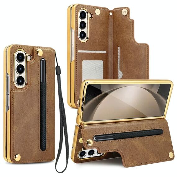 Per Samsung Galaxy Z Fold6 VIETAO Custodia per telefono con supporto pieghevole integrato in PU con pellicola (marrone)