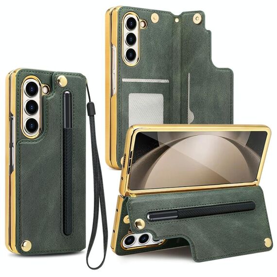 Per Samsung Galaxy Z Fold6 VIETAO Custodia per telefono con supporto pieghevole integrato in PU con pellicola (verde)