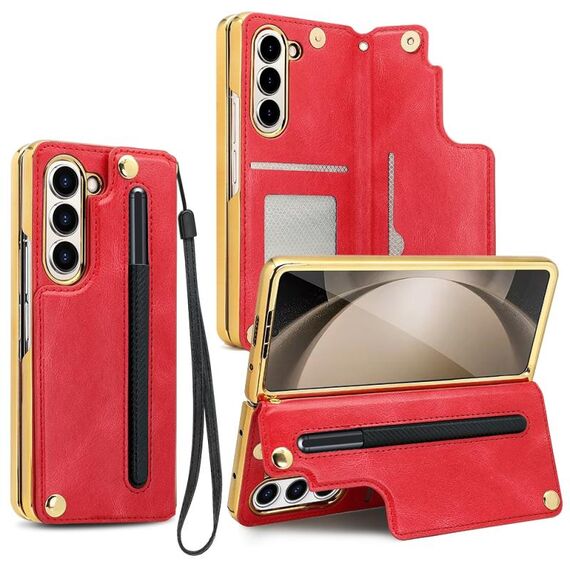 Per Samsung Galaxy Z Fold6 VIETAO Custodia per telefono con supporto pieghevole integrato in PU con pellicola (rosso)
