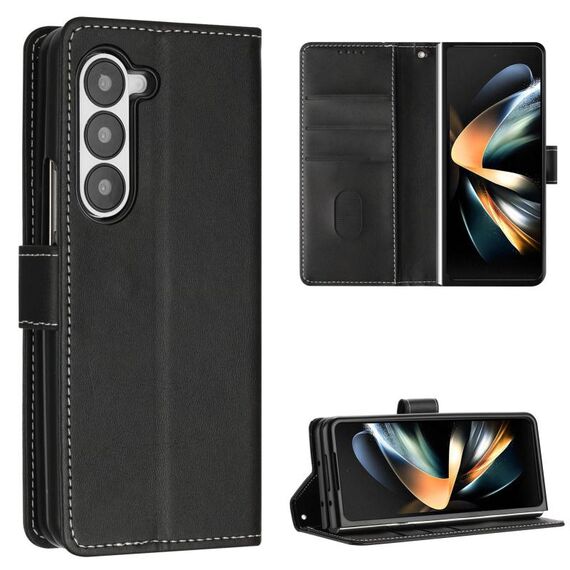 Per Samsung Galaxy Z Fold6 Custodia per telefono pieghevole in pelle con fibbia e trama in vitello con cuciture (nero)