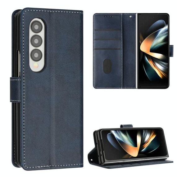 Per Samsung Galaxy Z Fold4 Custodia per telefono pieghevole in pelle con fibbia e cuciture in vitello (blu)