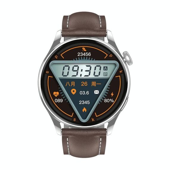 Q3 Max Smartwatch con schermo a colori da 1,36 pollici, cinturino in pelle, supporto per monitoraggio della frequenza cardiaca/monitoraggio della pressione sanguigna (marrone)