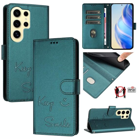 Per Samsung Galaxy S24 Ultra 5G Smile Embossing RFID Custodia in pelle per telefono (verde pavone)