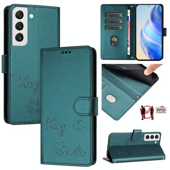 Per Samsung Galaxy S22 5G Smile Embossing RFID Custodia in pelle per telefono (verde pavone)