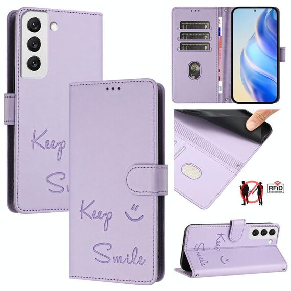 Per Samsung Galaxy S22 5G Smile Embossing RFID Custodia in pelle per telefono (viola chiaro)