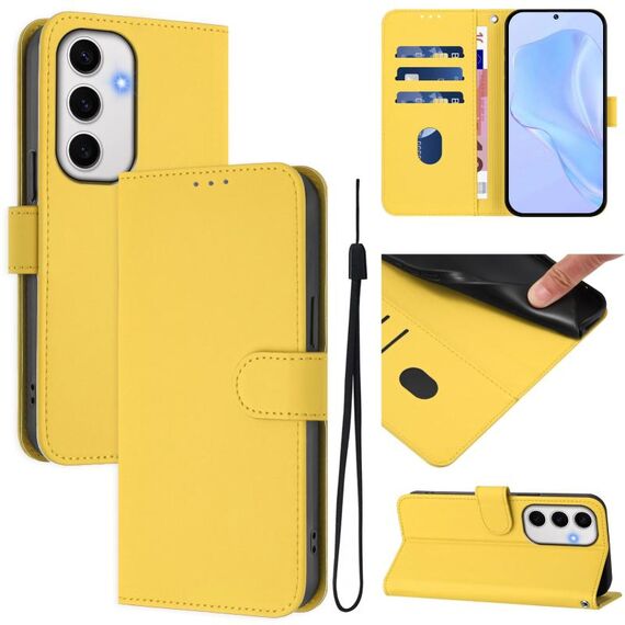 Per Samsung Galaxy S24 FE 5G Custodia in pelle tinta unita con cordino (giallo limone)