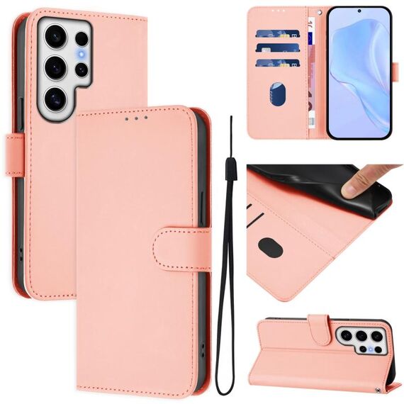 Per Samsung Galaxy S24 Ultra 5G Custodia in pelle tinta unita con cordino (rosa)