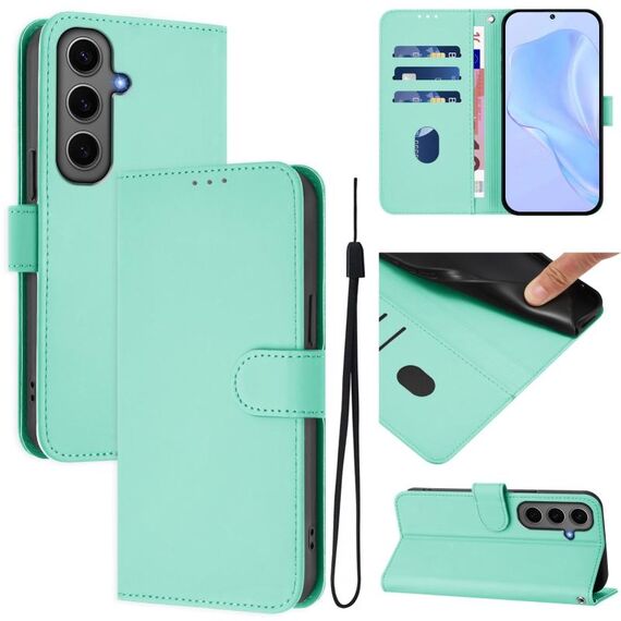 Per Samsung Galaxy S24+ 5G Custodia in pelle tinta unita con cordino (verde menta)