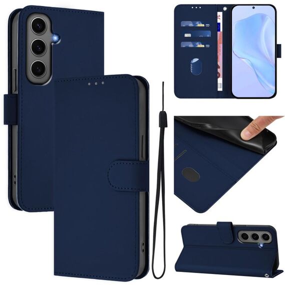 Per Samsung Galaxy S24+ 5G Custodia in pelle tinta unita con cordino (blu navy)