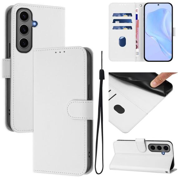 Per Samsung Galaxy S24+ 5G Custodia in pelle tinta unita con cordino (bianco)