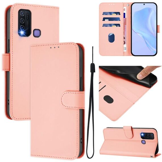 Per vivo Y30 4G Custodia per telefono in pelle tinta unita con cordino Global Skin Feel (rosa)