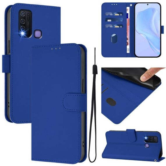 Per vivo Y30 4G Custodia per telefono in pelle tinta unita con cordino Global Skin Feel (blu scuro)