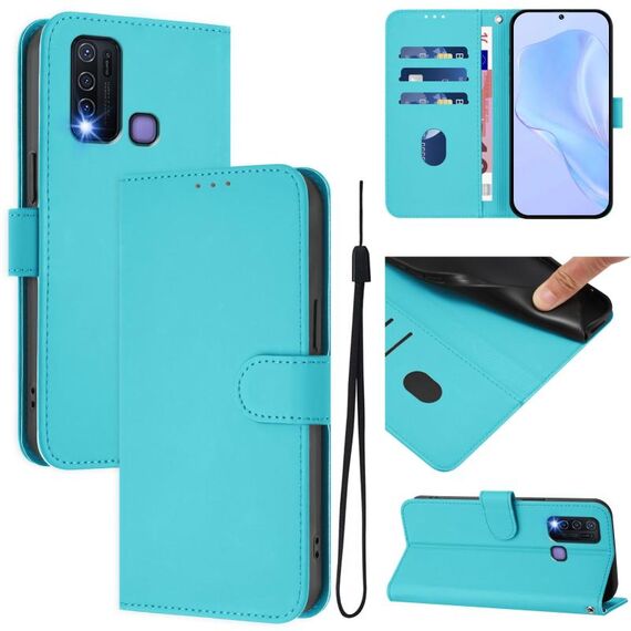 Per vivo Y30 4G Custodia per telefono in pelle tinta unita con cordino Global Skin Feel (Lake Blue)