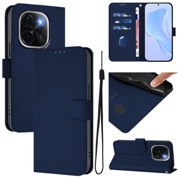 Per vivo iQOO Z9s Pro 5G India Custodia in pelle tinta unita con cordino (blu navy)