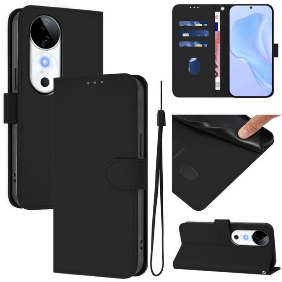 Per vivo S19 Custodia per telefono in pelle tinta unita con cordino (nero)