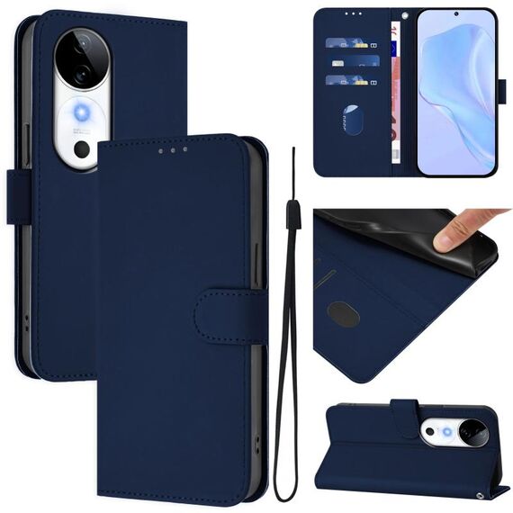 Per vivo S19 Custodia in pelle tinta unita con cordino (blu navy)