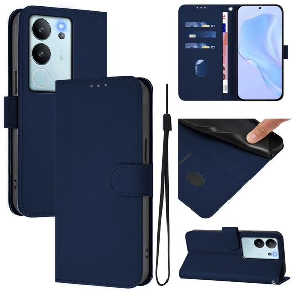 Per vivo V29E 5G Global / Y200 5G Global Custodia in pelle tinta unita con cordino (blu navy)