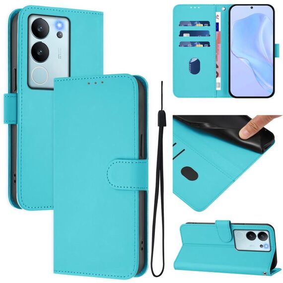 Per vivo V29E 5G Global / Y200 5G Global Custodia in pelle tinta unita con cordino (Lake Blue)