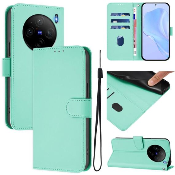 Per vivo X100S 5G Custodia in pelle tinta unita con cordino (verde menta)