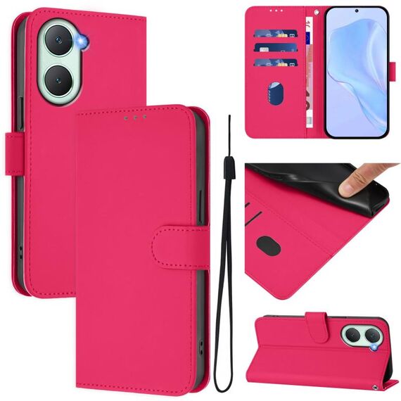 Per vivo Y03 4G Global / Y18 4G Custodia in pelle tinta unita con cordino (rosso rosa)