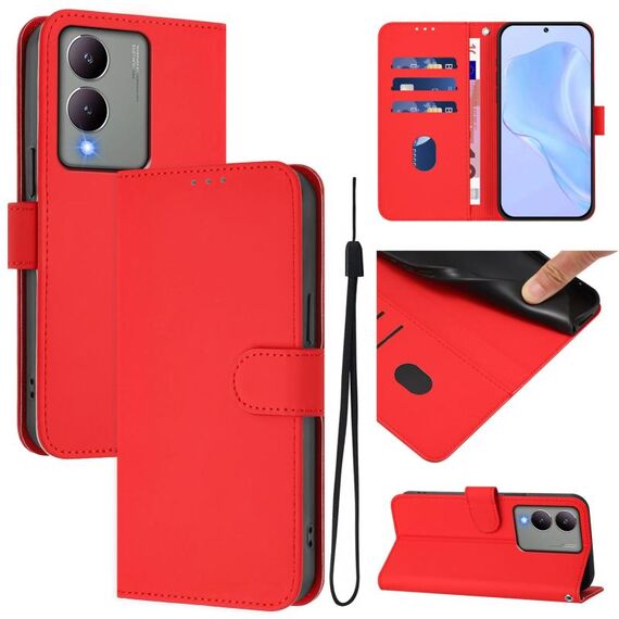 Per vivo Y17S 4G Custodia per telefono in pelle tinta unita con cordino Global Skin Feel (rosso)