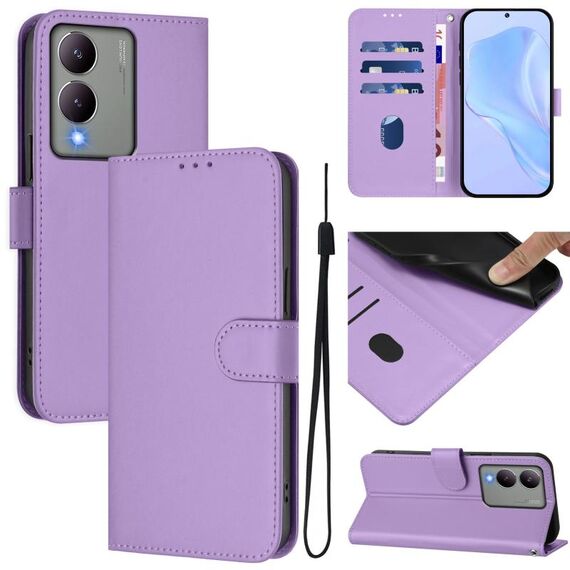 Per vivo Y17S 4G Custodia per telefono in pelle tinta unita con cordino Global Skin Feel (viola lavanda)