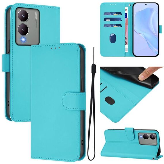 Per vivo Y17S 4G Custodia per telefono in pelle tinta unita con cordino Global Skin Feel (Lake Blue)