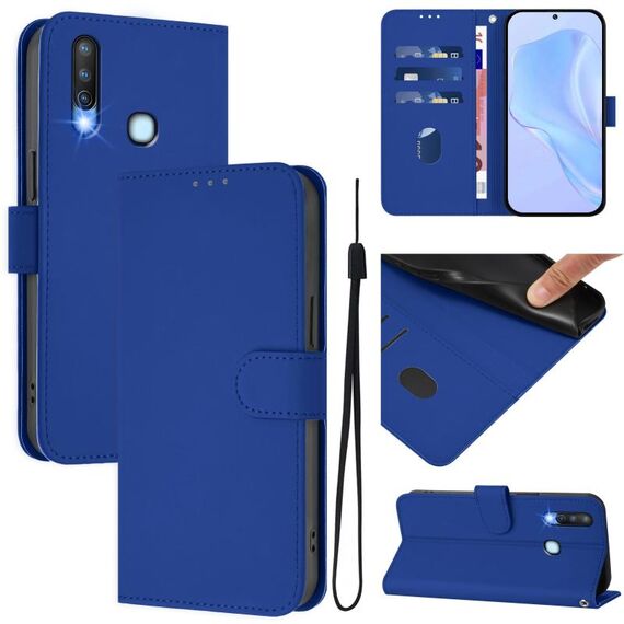 Per vivo Y17 / Y15 / Y12 / Y11 Custodia in pelle tinta unita con cordino (blu scuro)