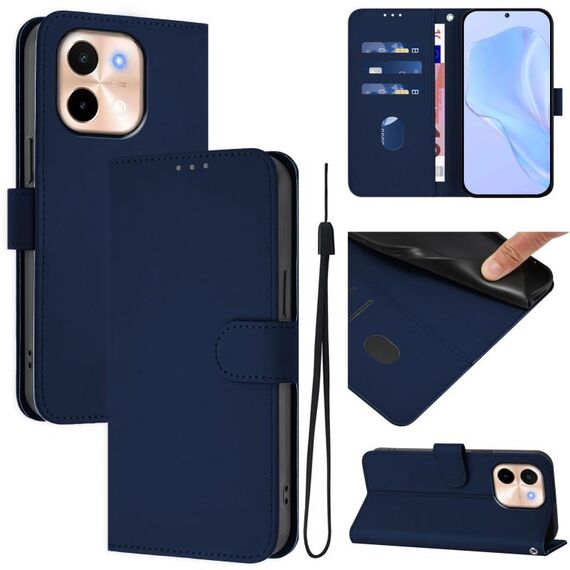 Per vivo Y28 4G Custodia in pelle tinta unita con cordino (blu navy)