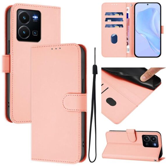 Per vivo Y35 4G Global / Y22S 4G Global Custodia in pelle tinta unita con cordino (rosa)