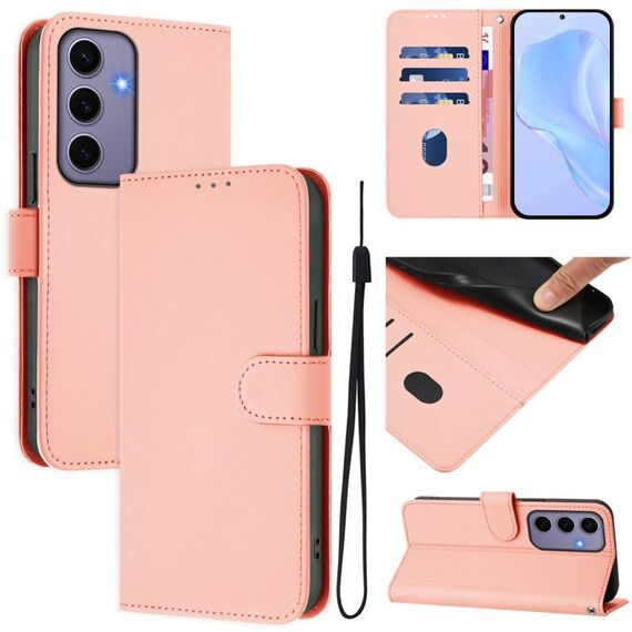 Per Samsung Galaxy S24 5G Custodia in pelle tinta unita con cordino (rosa)