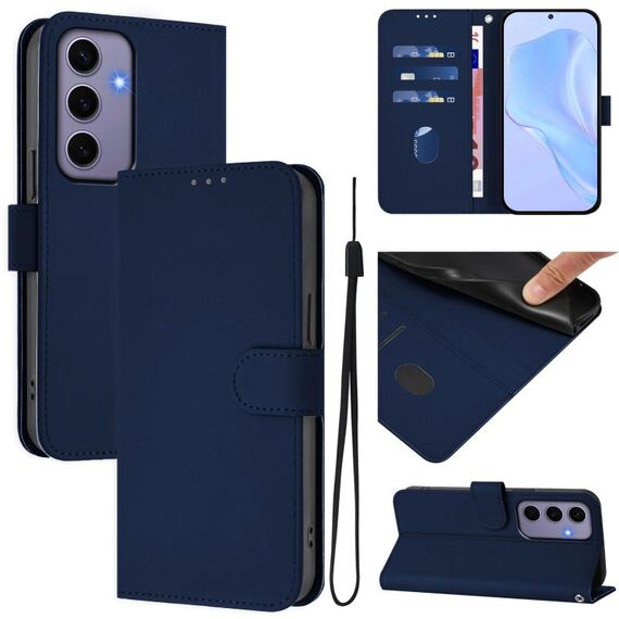 Per Samsung Galaxy S24 5G Custodia in pelle tinta unita con cordino (blu navy)