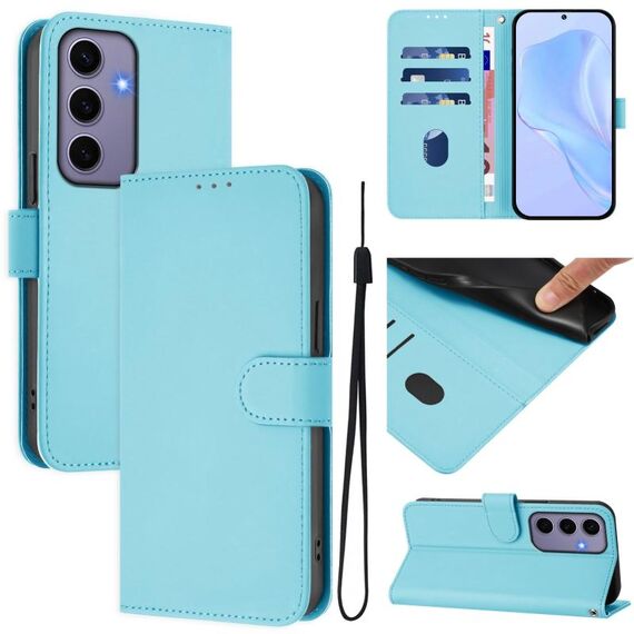 Per Samsung Galaxy S24 5G Custodia in pelle tinta unita con cordino (blu cielo)