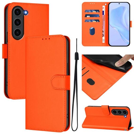 Per Samsung Galaxy S23 FE 5G Custodia in pelle tinta unita con cordino (arancione)