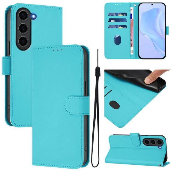 Per Samsung Galaxy S23 FE 5G Custodia in pelle tinta unita con cordino (Lake Blue)