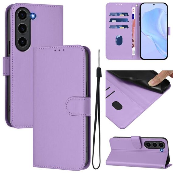 Per Samsung Galaxy S23+ 5G Custodia in pelle tinta unita con cordino (viola lavanda)
