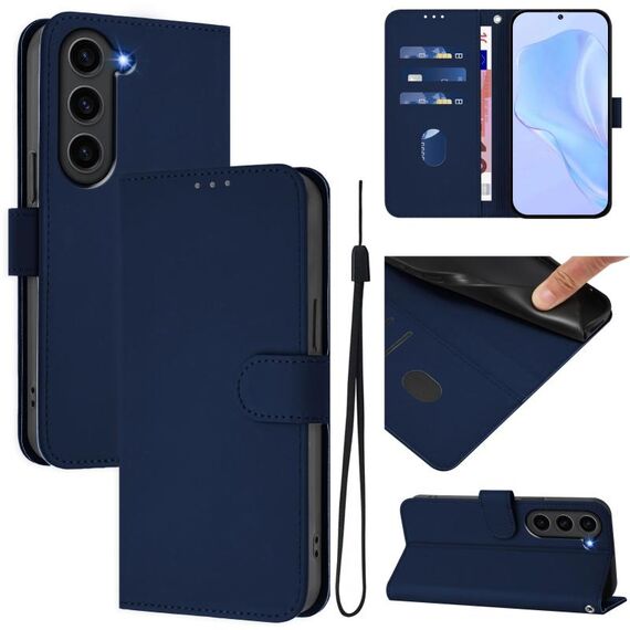 Per Samsung Galaxy S23+ 5G Custodia in pelle tinta unita con cordino (blu navy)
