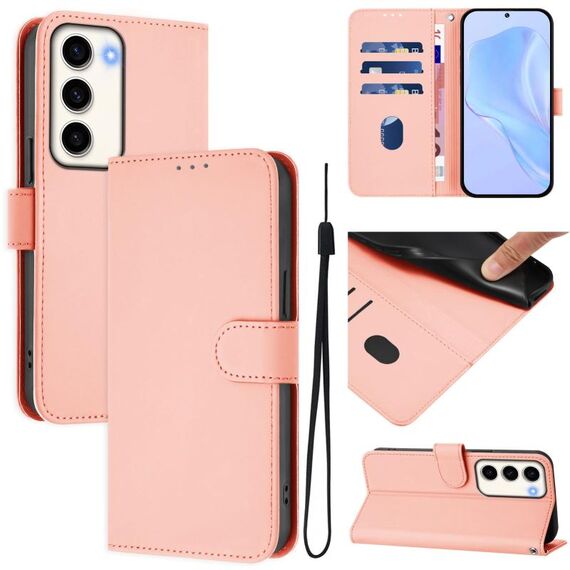 Per Samsung Galaxy S23 5G Custodia in pelle tinta unita con cordino (rosa)