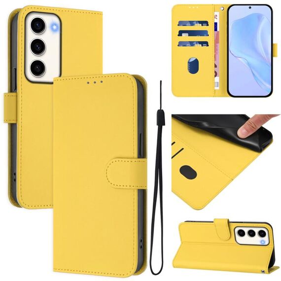 Per Samsung Galaxy S23 5G Custodia in pelle tinta unita con cordino (giallo limone)