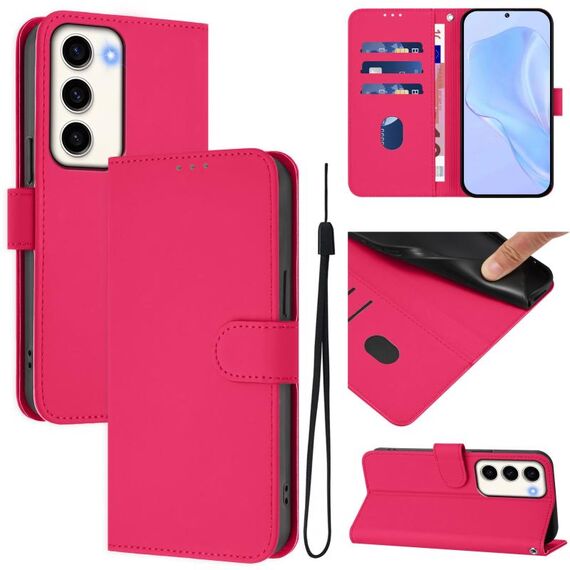 Per Samsung Galaxy S23 5G Custodia in pelle tinta unita con cordino (rosso rosa)
