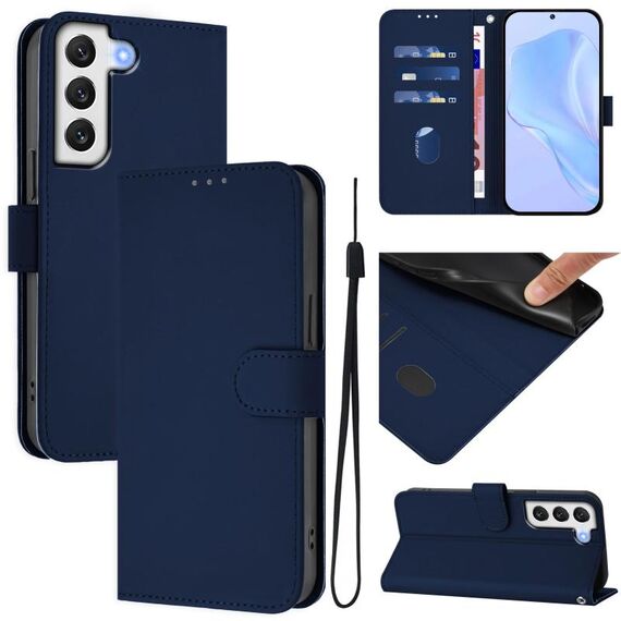 Per Samsung Galaxy S22+ 5G Custodia in pelle tinta unita con cordino (blu navy)
