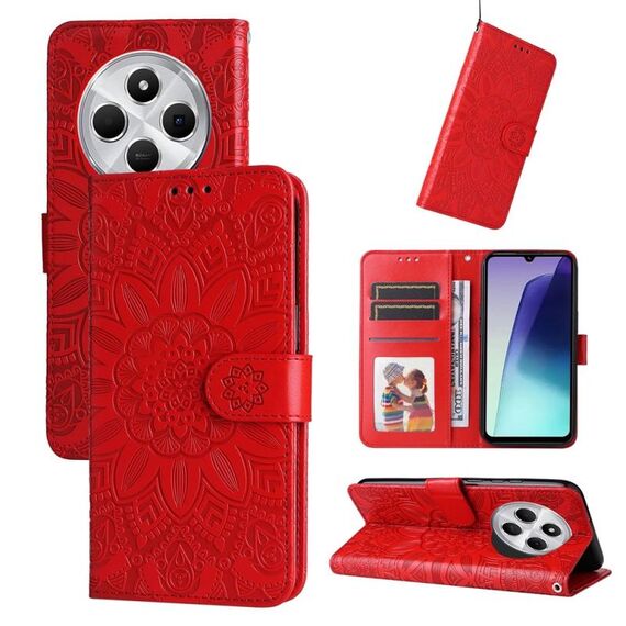 Per Redmi 14C 4G Custodia per telefono in pelle con motivo girasole in rilievo (rosso)