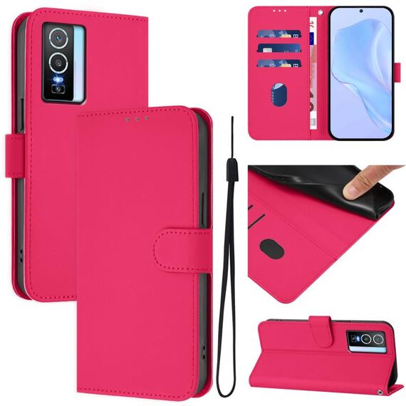 Per vivo Y76 5G Custodia in pelle tinta unita con cordino (rosso rosa)
