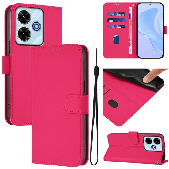 Per Redmi 13 4G Global / 13 5G Global Custodia in pelle tinta unita con cordino (rosso rosa)
